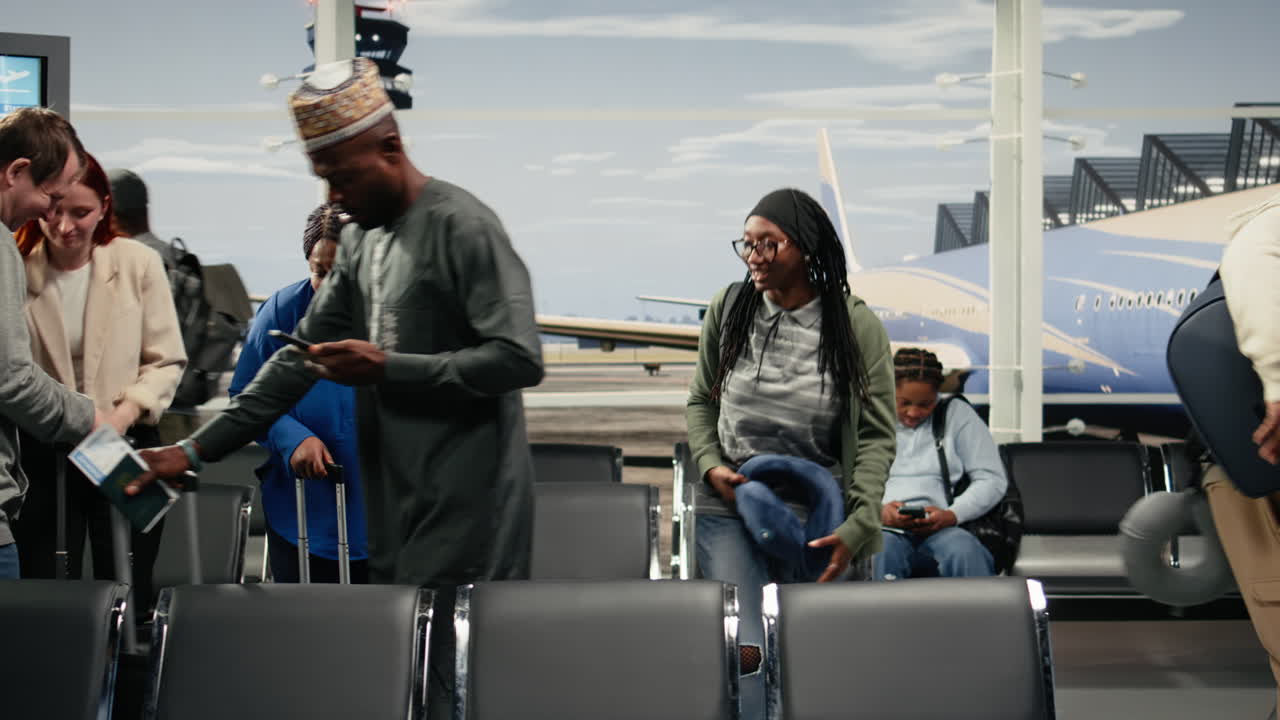 International holiday, navigating crowded airport and cheerful group of friends