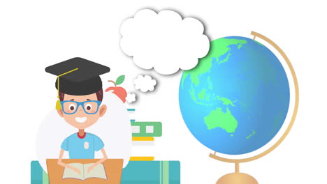 animación de un niño con cartón de mortero con libros, manzana y globo sobre un fondo blanco