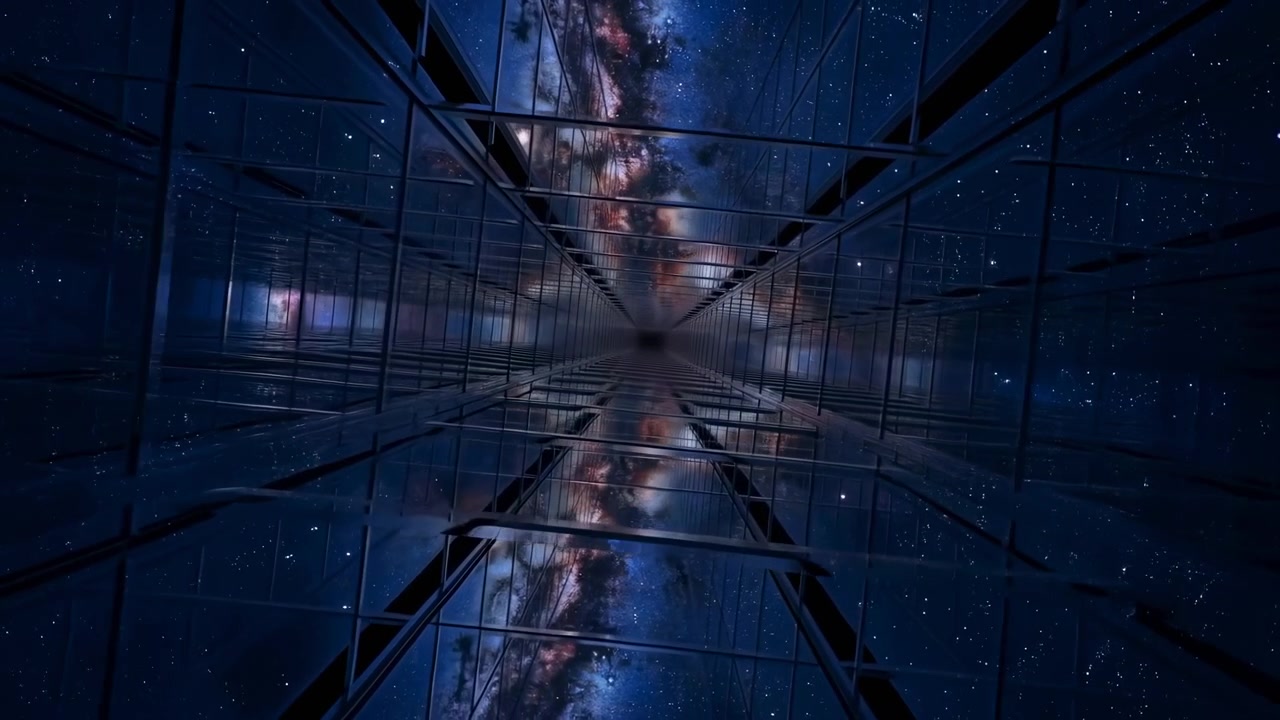 Mirrored Corridor Reflecting Milky Way Stars Deep Blue Glass Panels Form Endless Reflections And Symmetrical