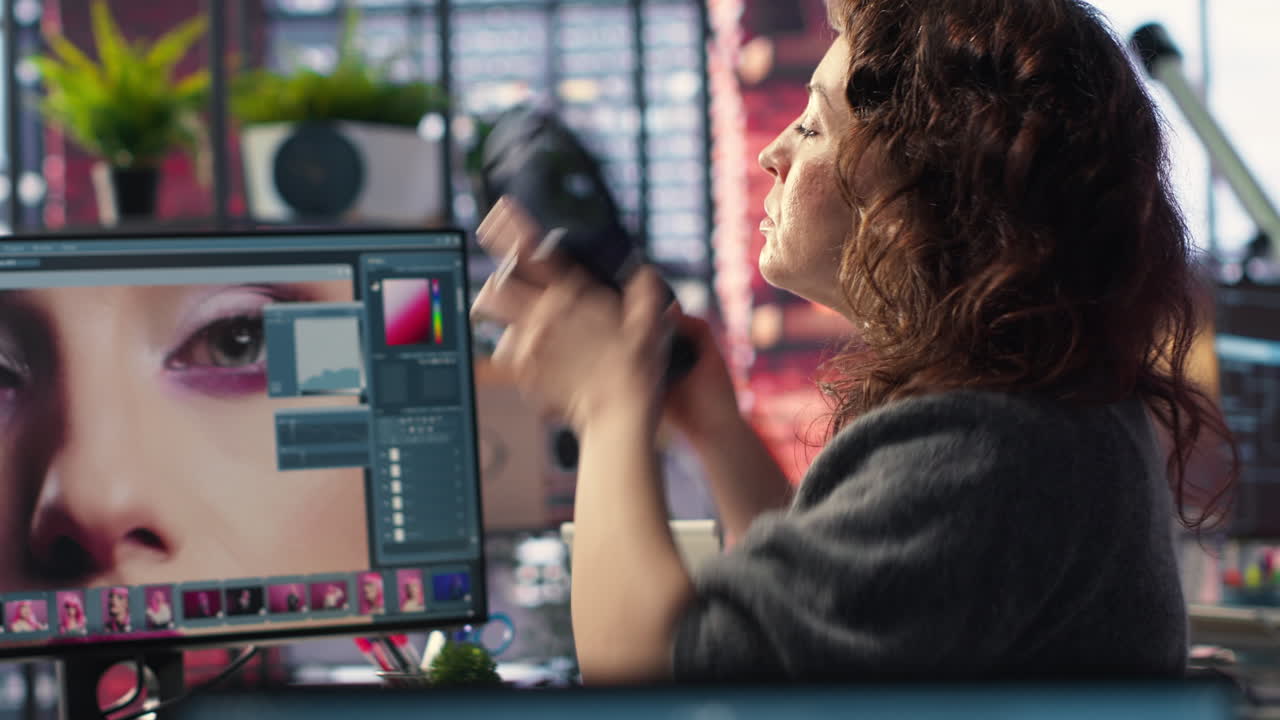 Woman using AI software to turn text prompt into photos and editing the skin