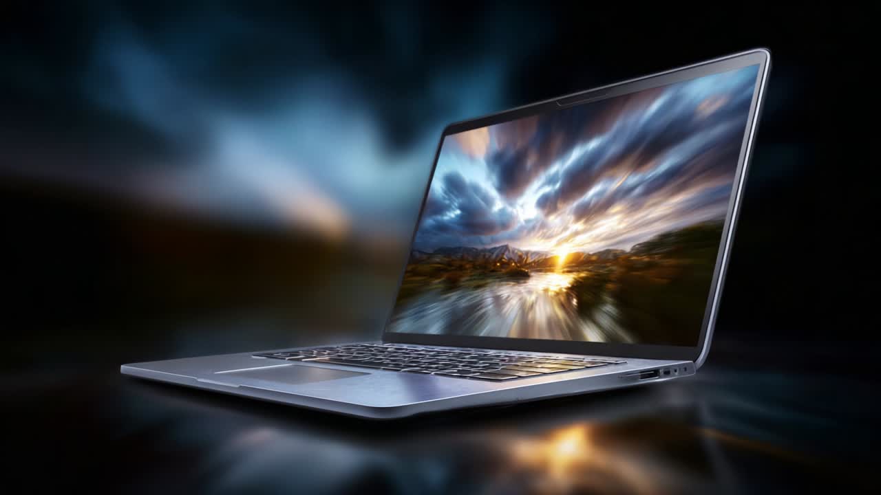 A Stunning Laptop Displaying a Captivating Landscape Scene During Sunset, Emphasizing the Vibrant Colors, Reflections, and Artistic Quality of Nature Captured on the Screen's High-Resolution Image
