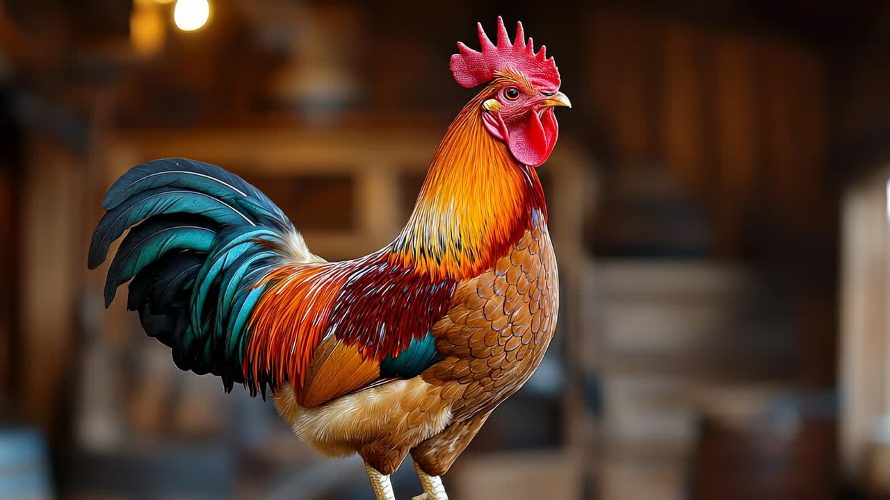 Colorful rooster standing in a barn. Vibrant rooster poses proudly in a rustic barn setting, showcasing its bright feathers and unique features