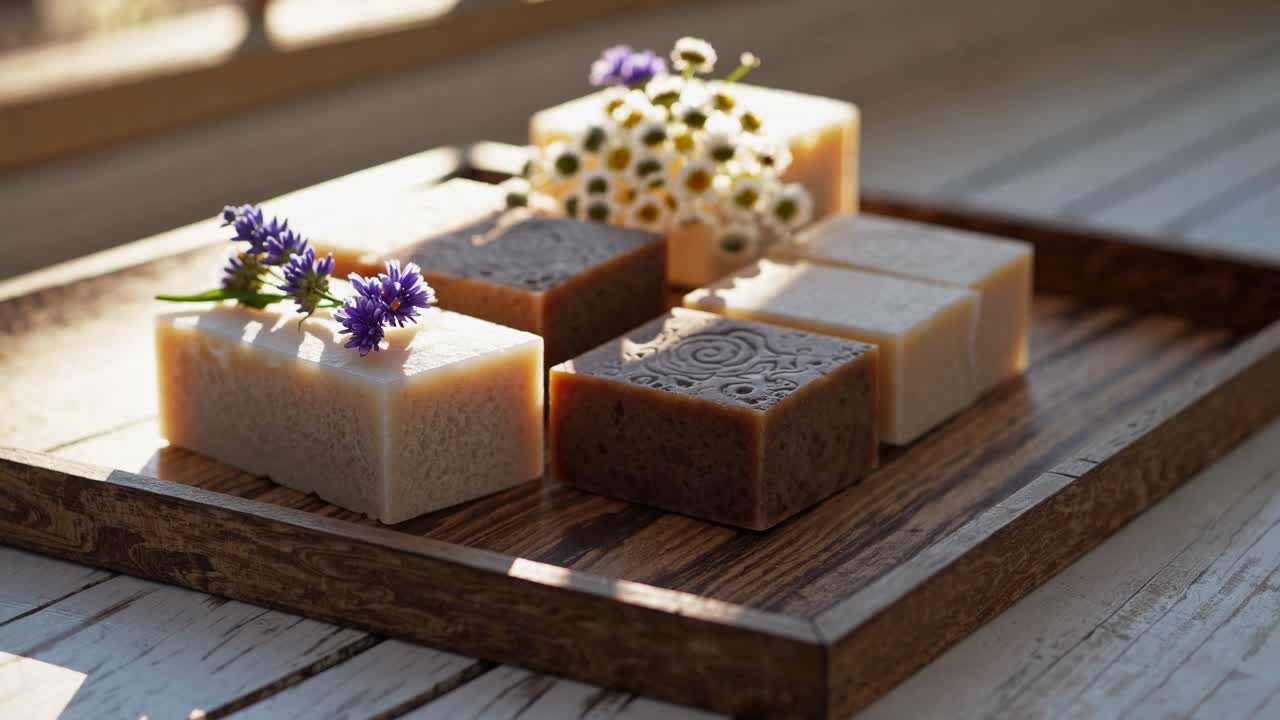 Close-up video of artisanal soaps on a wooden tray, adorned with flowers