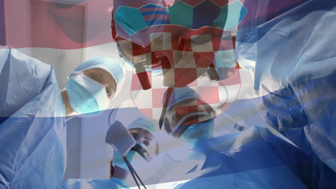 animación de la bandera de croacia ondeando sobre los cirujanos en el quirófano
