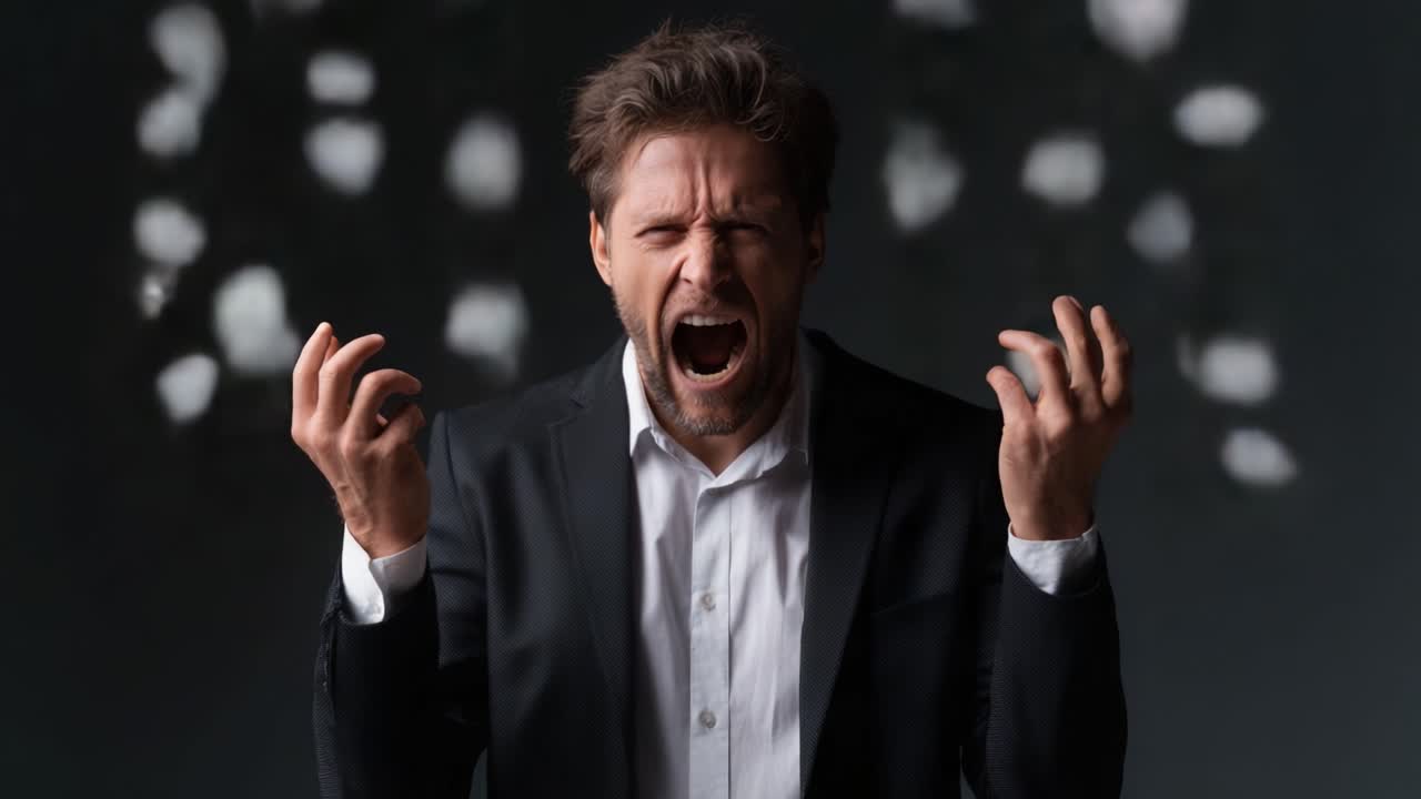 Un uomo frustrato che esprime rabbia tra carte che cadono in un ambiente scuro, catturando l'essenza dello stress e del tumulto emotivo in un contesto professionalmente vestito.