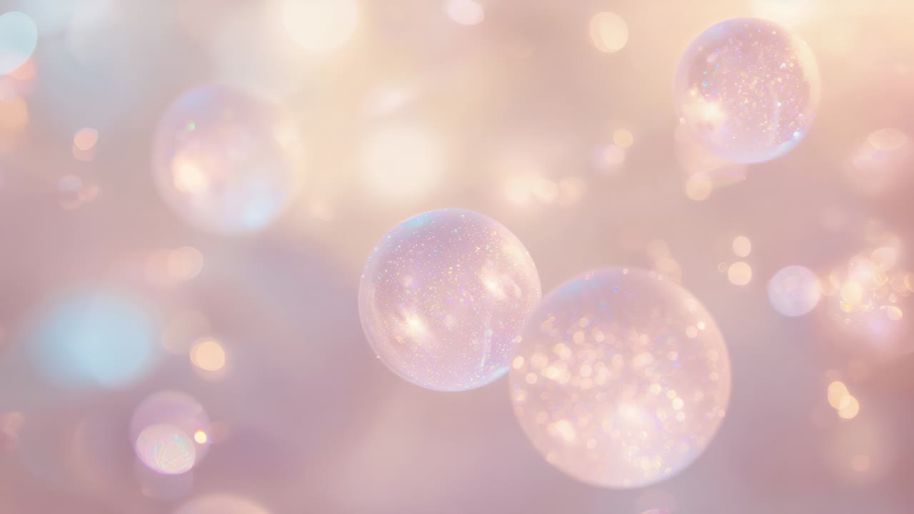 Pulsing light starting glitter spheres drifting toward camera over pastel bokeh, creating warm glow