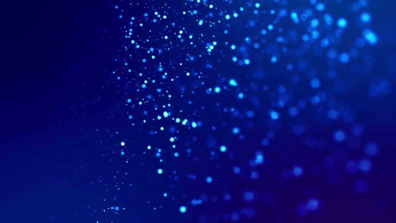 마법의 파란 빛나는 입자가 적적한 액체 속으로 흐르고 밝게 반인다 - 공상과학 소설 - 반이는 입자, 현장 깊이 및 보케와 함께 4k 3d sf 배경 - 알파 채널로 루마 매트