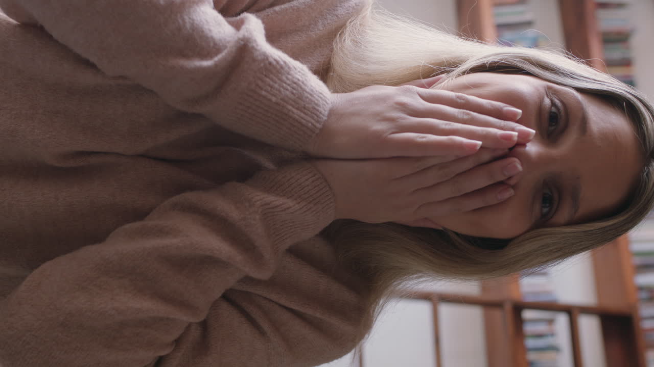 아름다운 여성이 집에서 스마트 폰을 사용하여 비디오 채팅을하고 아기에게 손을 흔들고 흥분된 어머니가 수직 화면에서 온라인 연결을 즐기고 있습니다.