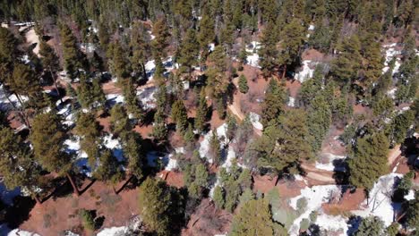 Aerial-shot-of-a-snowy-Big-Bear-mountain-range-in-the-Spring-time