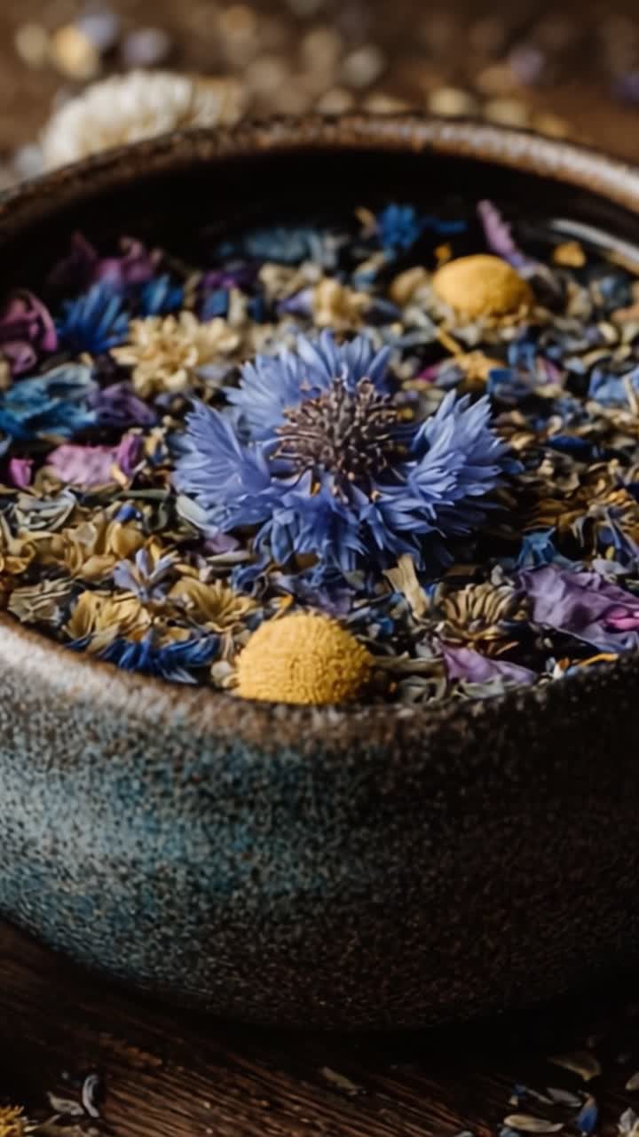 A Beautiful Display of Dried Flowers and Botanicals in a Unique Ceramic Bowl, Featuring Vibrant Colors and Textures in Natural Ingredients for Aromatherapy and Decor