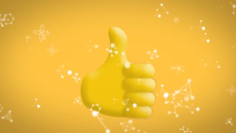 Animation-of-white-networks-over-yellow-thumb-up-emoji-on-yellow-background