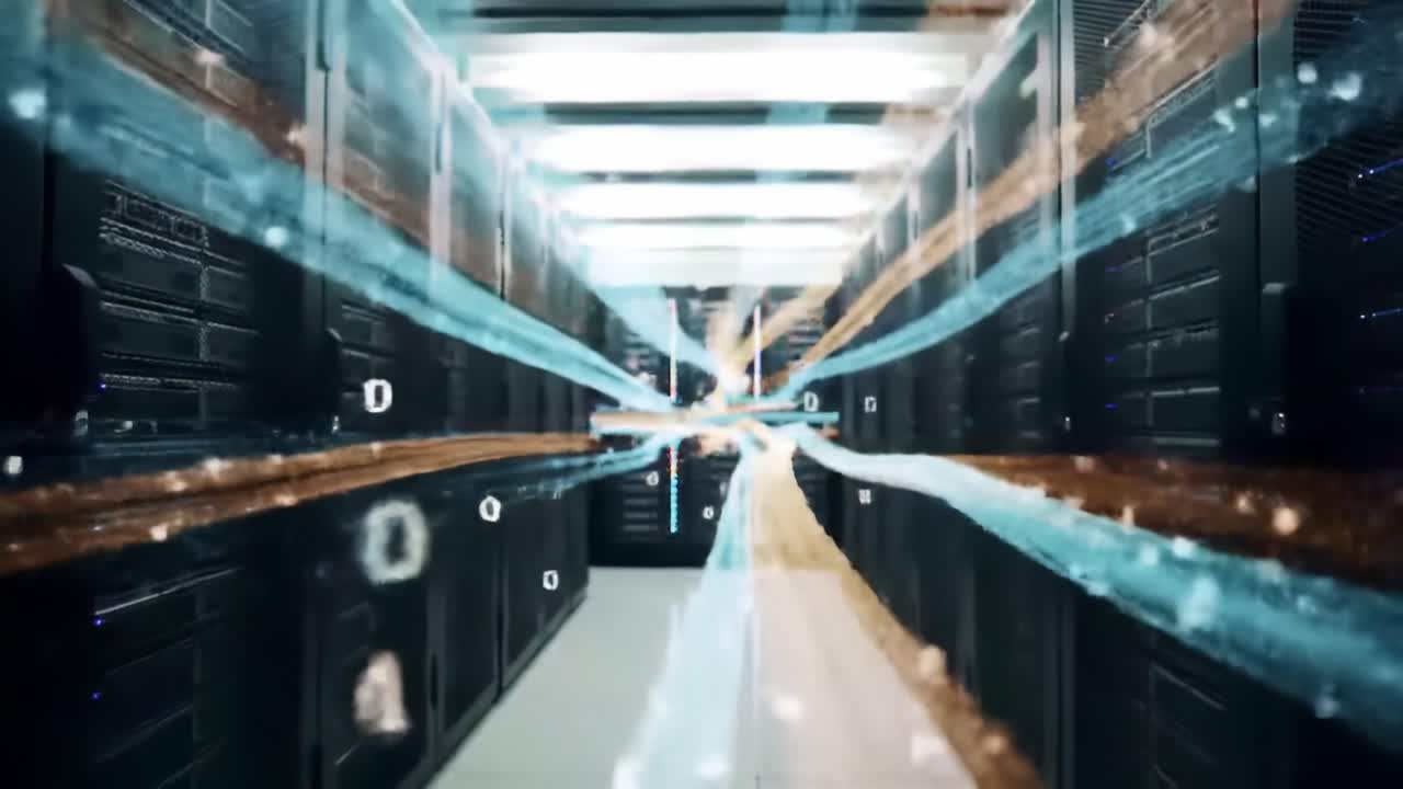 A stunning view of a modern data center showcasing rows of servers illuminated by soft lights. Data cables glisten as they transmit information swiftly through the aisles.