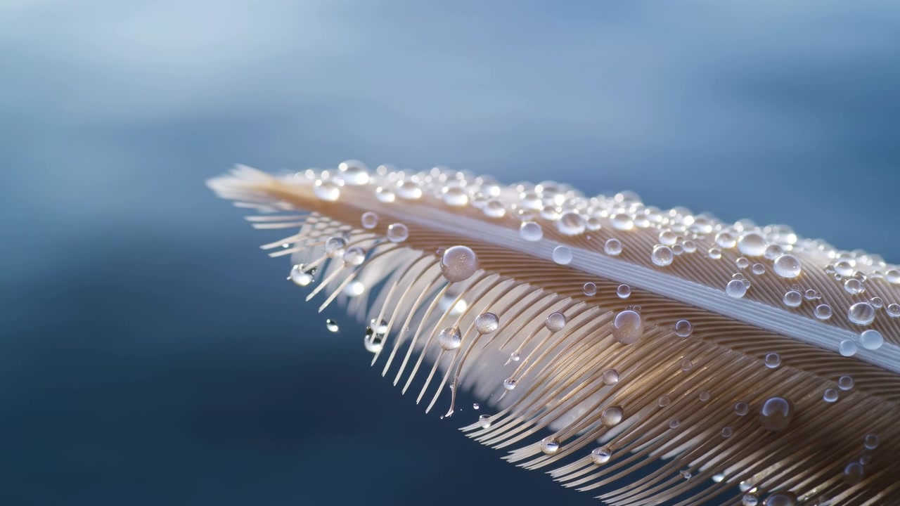 Primo piano estremo di una piuma marrone chiaro con la punta ricoperta da goccioline d'acqua limpide che aderiscono alle barbe e al rachide centrale; piccole perle e sfere più grandi catturano la luce soffusa su uno sfondo blu, con piuma e gocciolina.