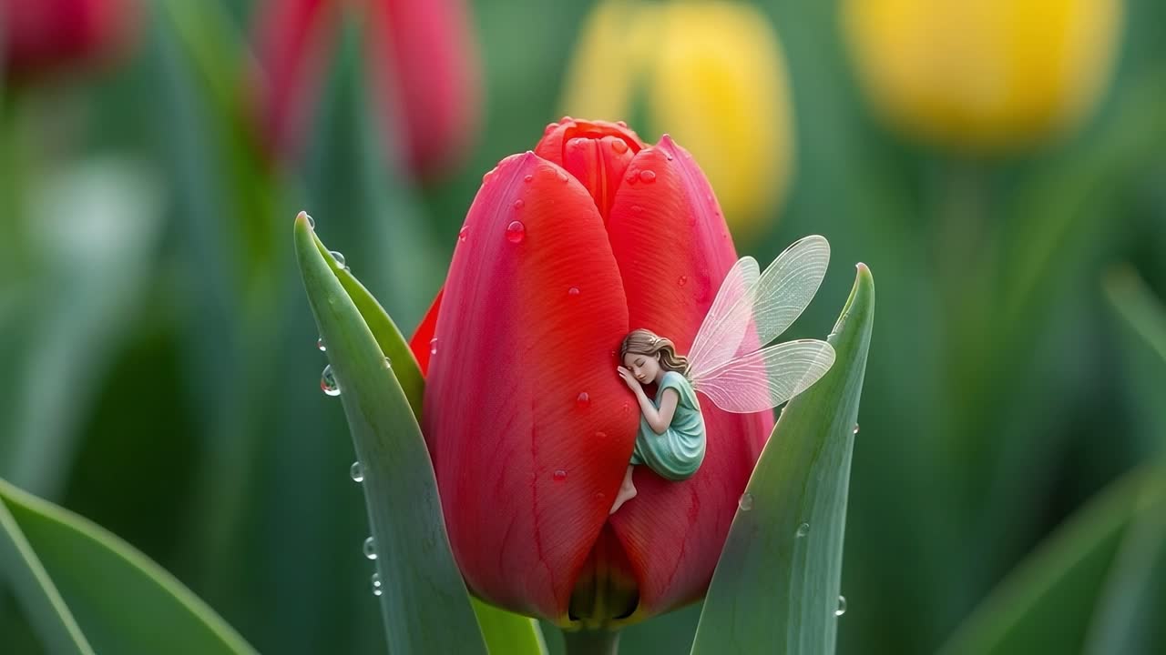 A Magical Scene: A Sleeping Fairy Nested Inside a Vibrant Red Tulip Surrounded by Colorful Blossoms in a Lush Floral Garden