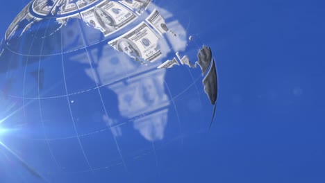 Animation-of-rotating-globe-of-dollar-bills,-over-blue-background-with-light