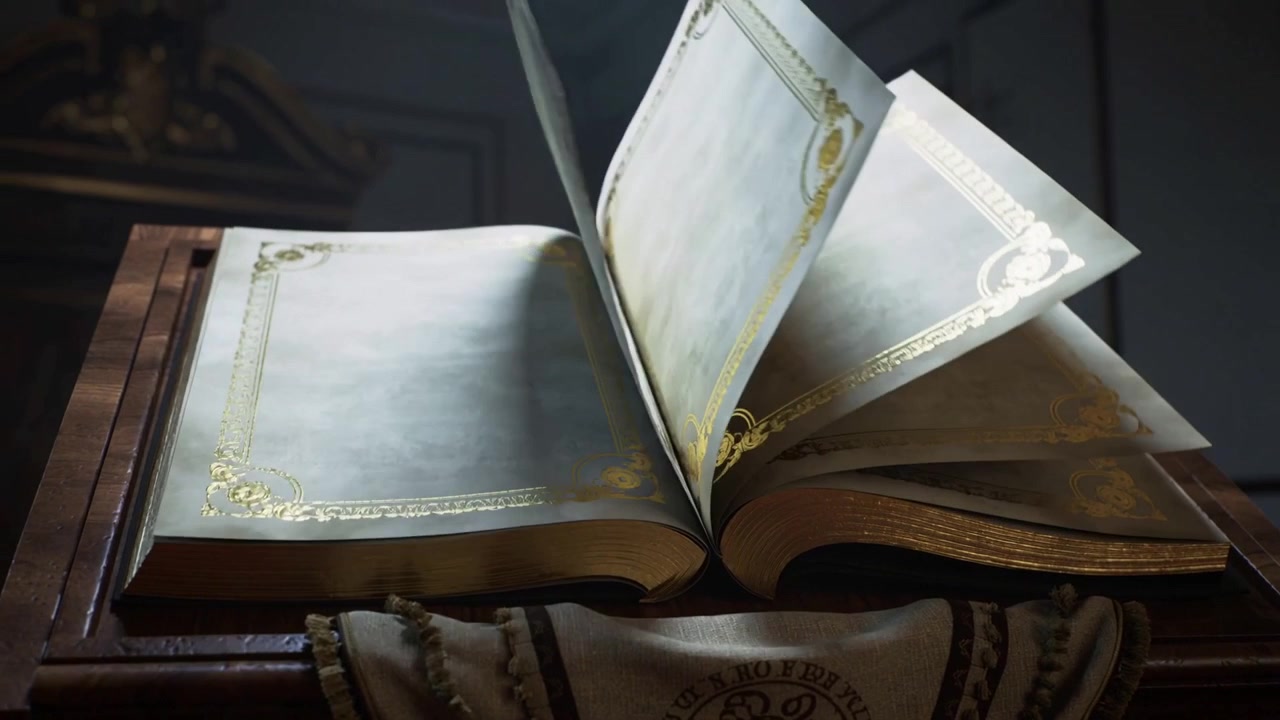 Un libro inquietante e ornato, con pagine dorate che si aprono a ventaglio su un leggio con un panno ricamato in una cappella.