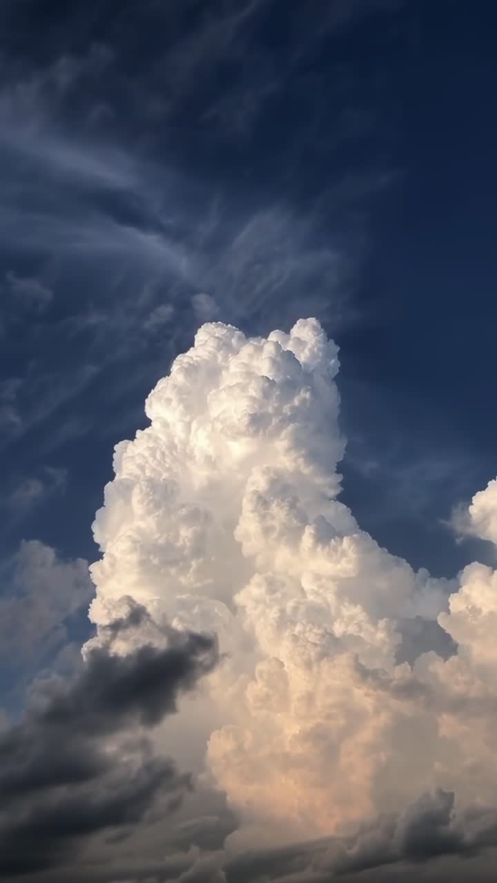 Vídeo en ángulo bajo espectacular de imponentes cúmulos contra un cielo azul vibrante