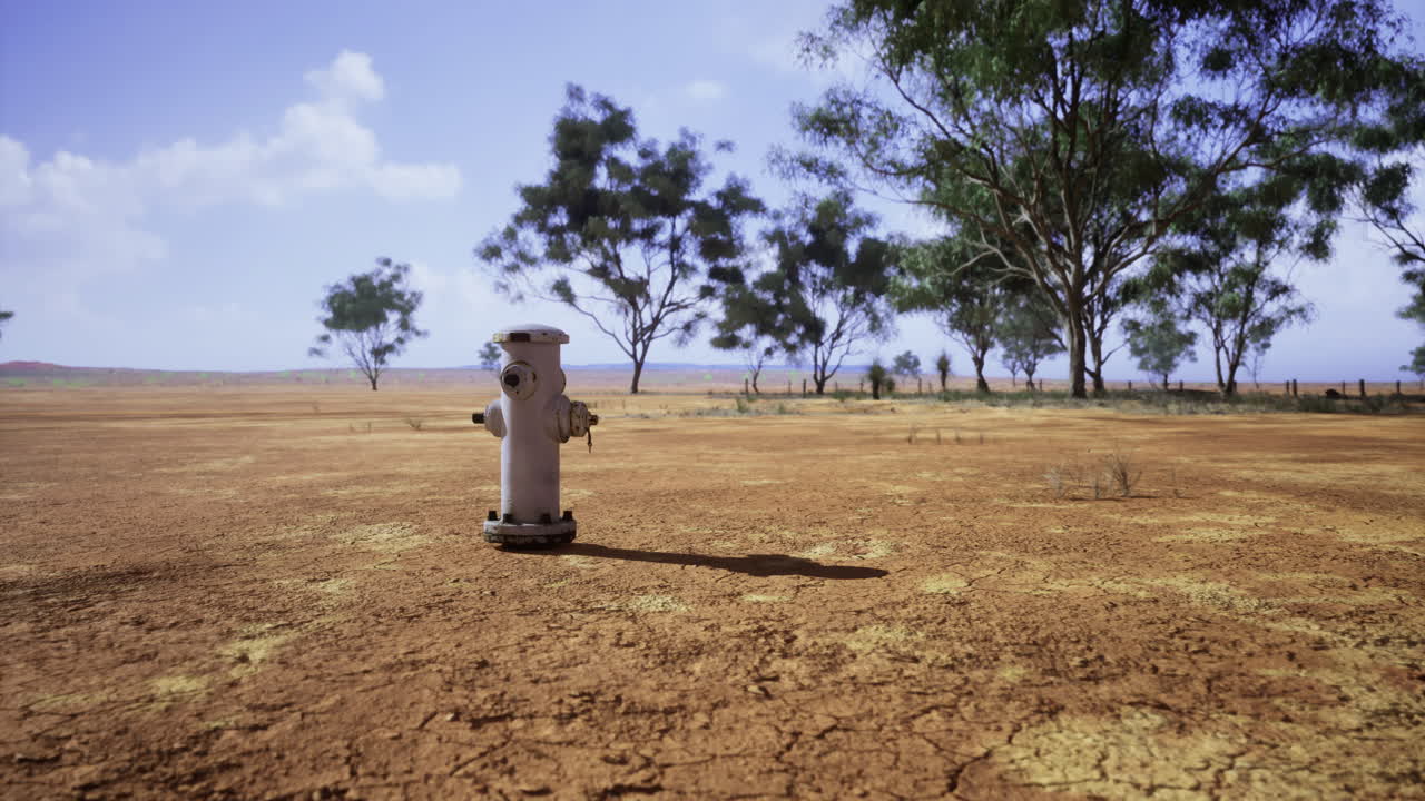 Lonely fire hydrant stands in the dry landscape under a bright blue sky