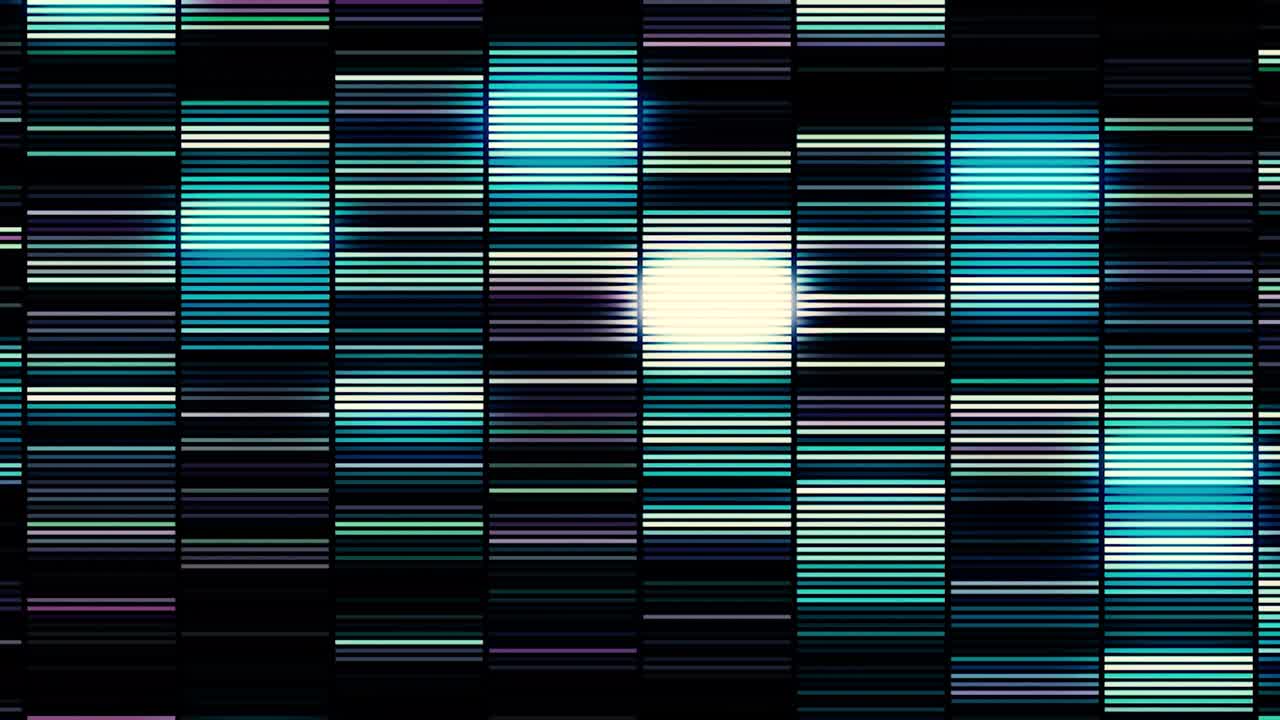 Abstract background with moving neon colored lines on black background. Motion. Hypnotic blue and black horizontal neonlight strings flashing fast, seamless loop