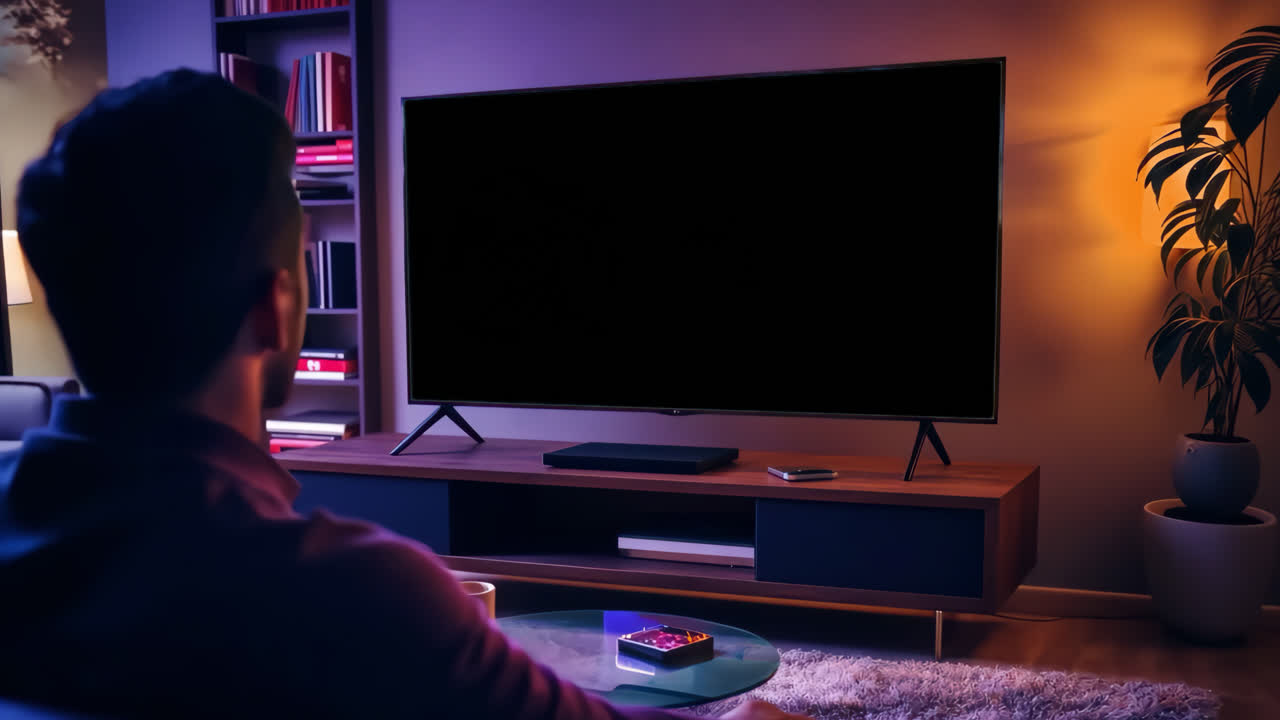 Man watching television screen alone animated overlay, transparent 4K video, alpha channel, ProRes
