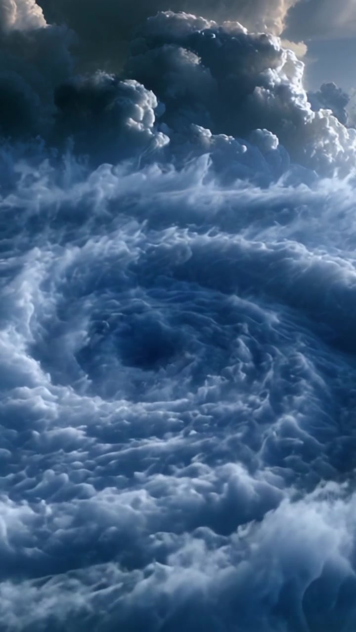 Et hypnotiserende billede af turbulente hvirvlende skyer og dybblåt vand, der fanger det dynamiske samspil mellem himmel og hav i et betagende atmosfærisk fænomen