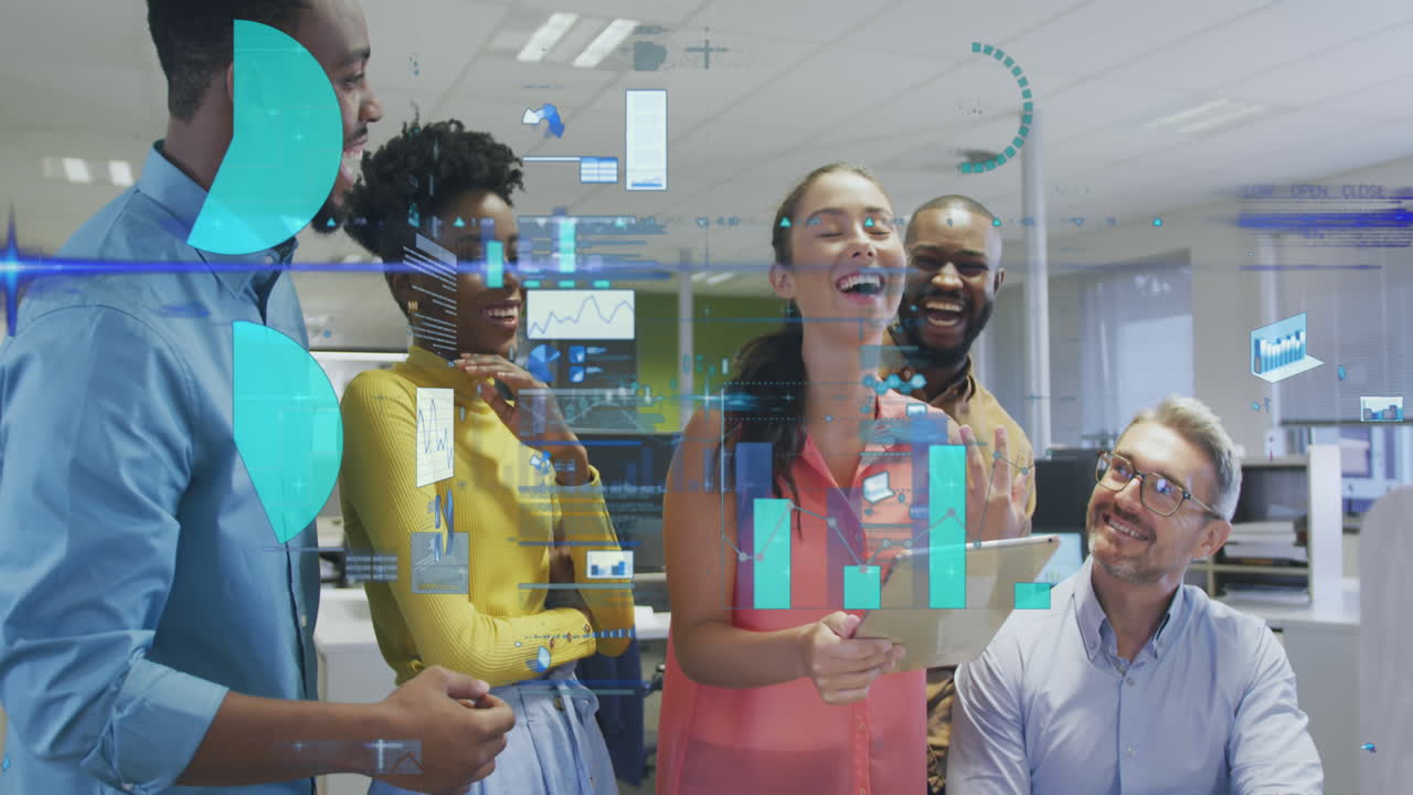 Animation of graphs, loading circles and trading board, diverse coworkers sharing ideas in office