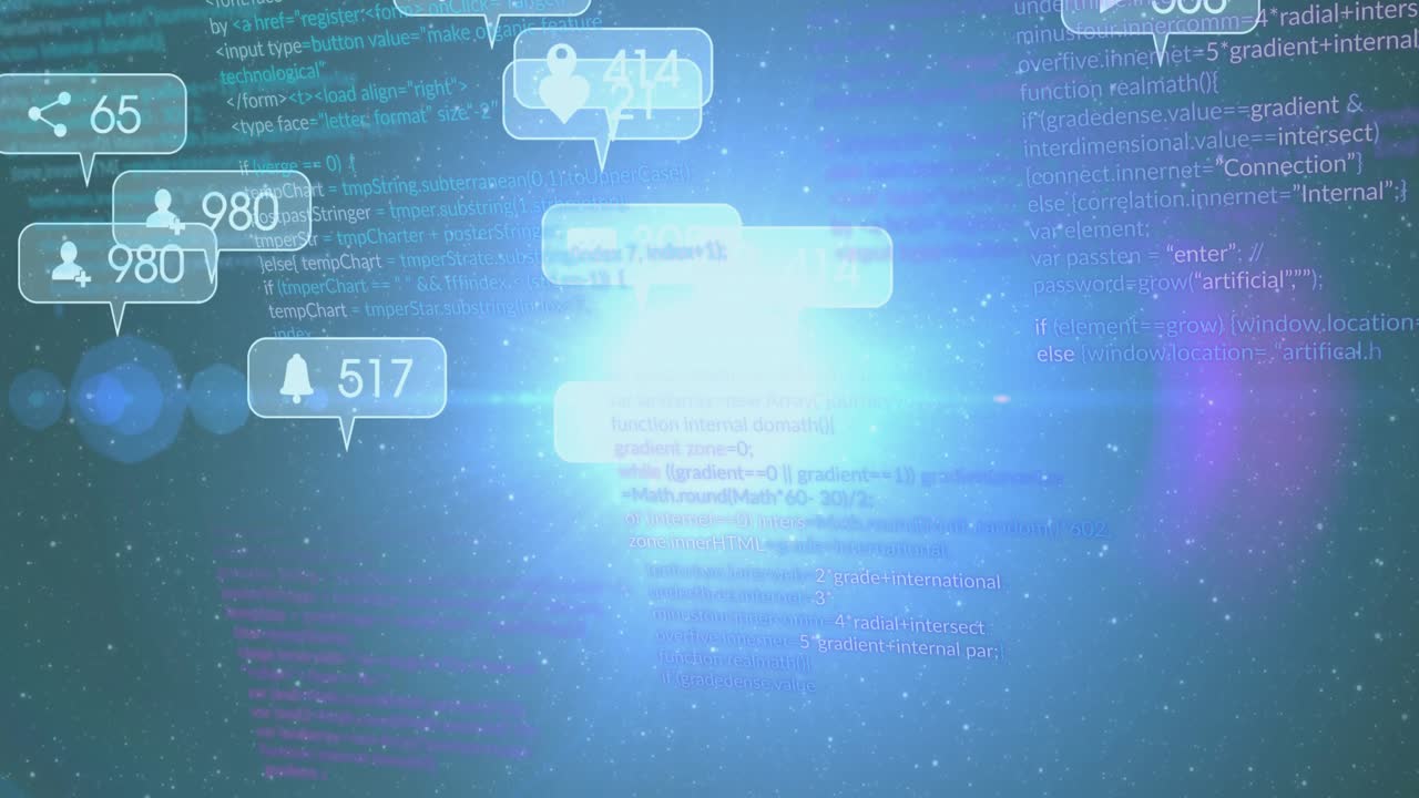 Bright point appearing, intensifying, glowing orb pulsing, pulling social bubbles showing metrics