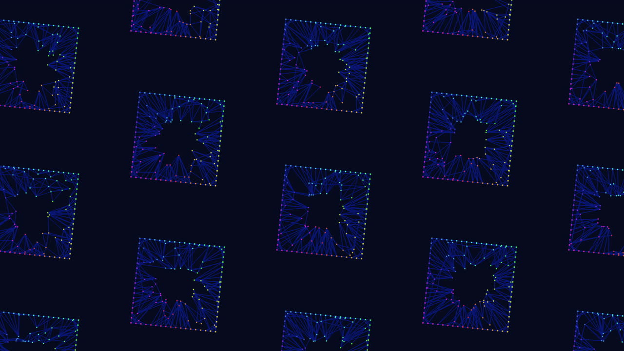 Neon abstract squares pattern with rainbow dots and lines