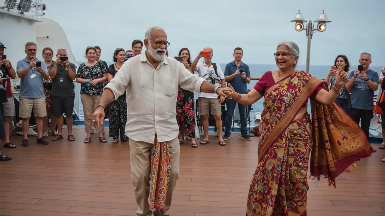 Joyful Couple Dancing Together on a Cruise Deck Surrounded by Cheerful Audience Capturing Precious Moments in Celebration of Life and Connection