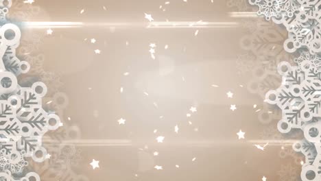 Animation-Leuchtender-Sterne-Und-Schneeflockendekoration-Auf-Beigem-Hintergrund