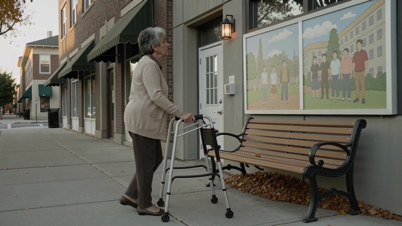 Walking senior woman in cardigan with 4-wheel walker near bench spotting mural, stopping