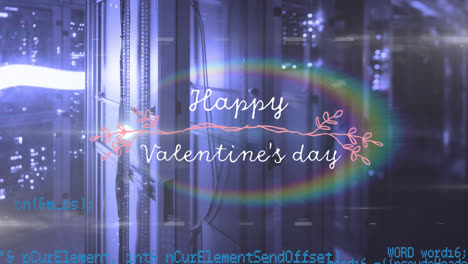 animation of happy valentines day text banner over rainbow lens flare against server room