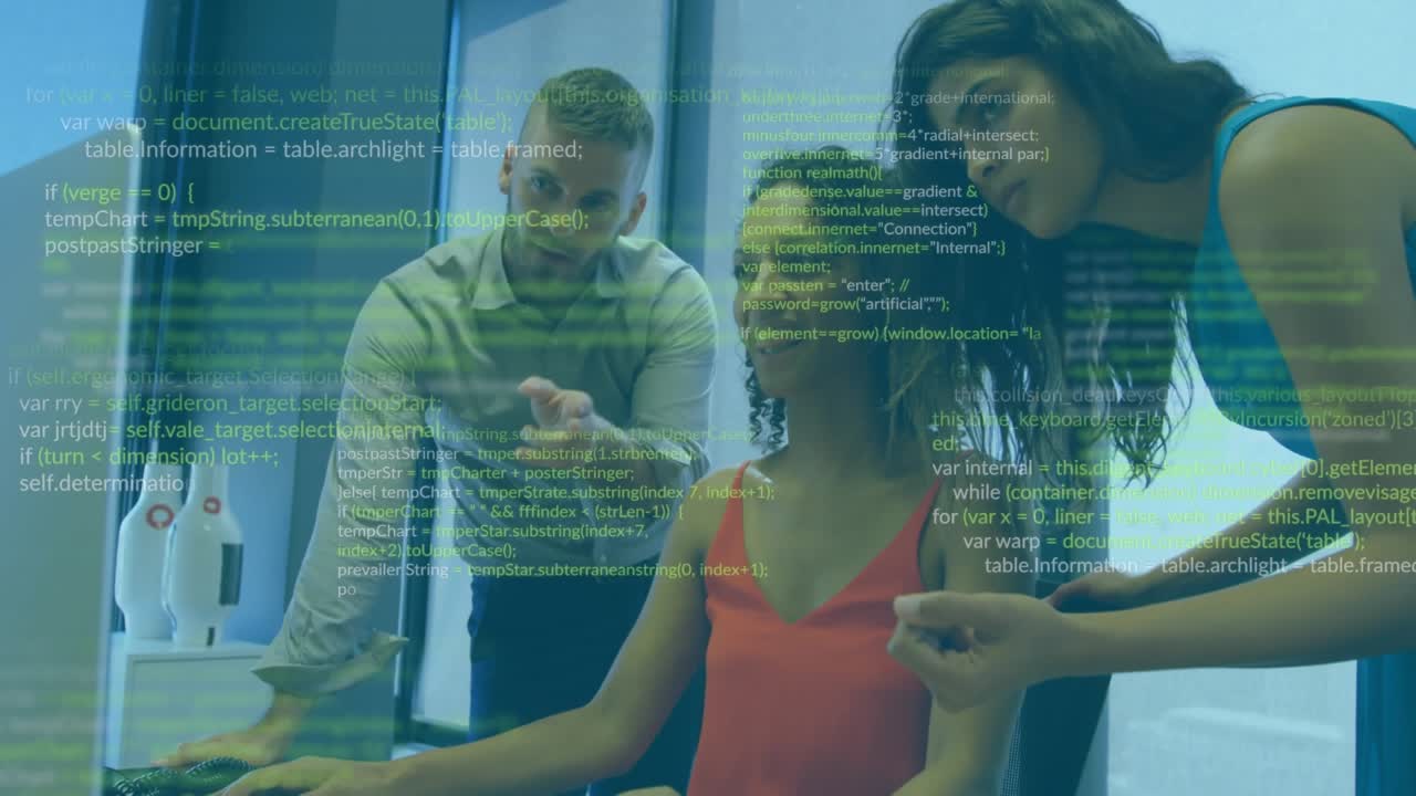 Animation of multicolored infographic interface, diverse coworkers discussing reports on computer