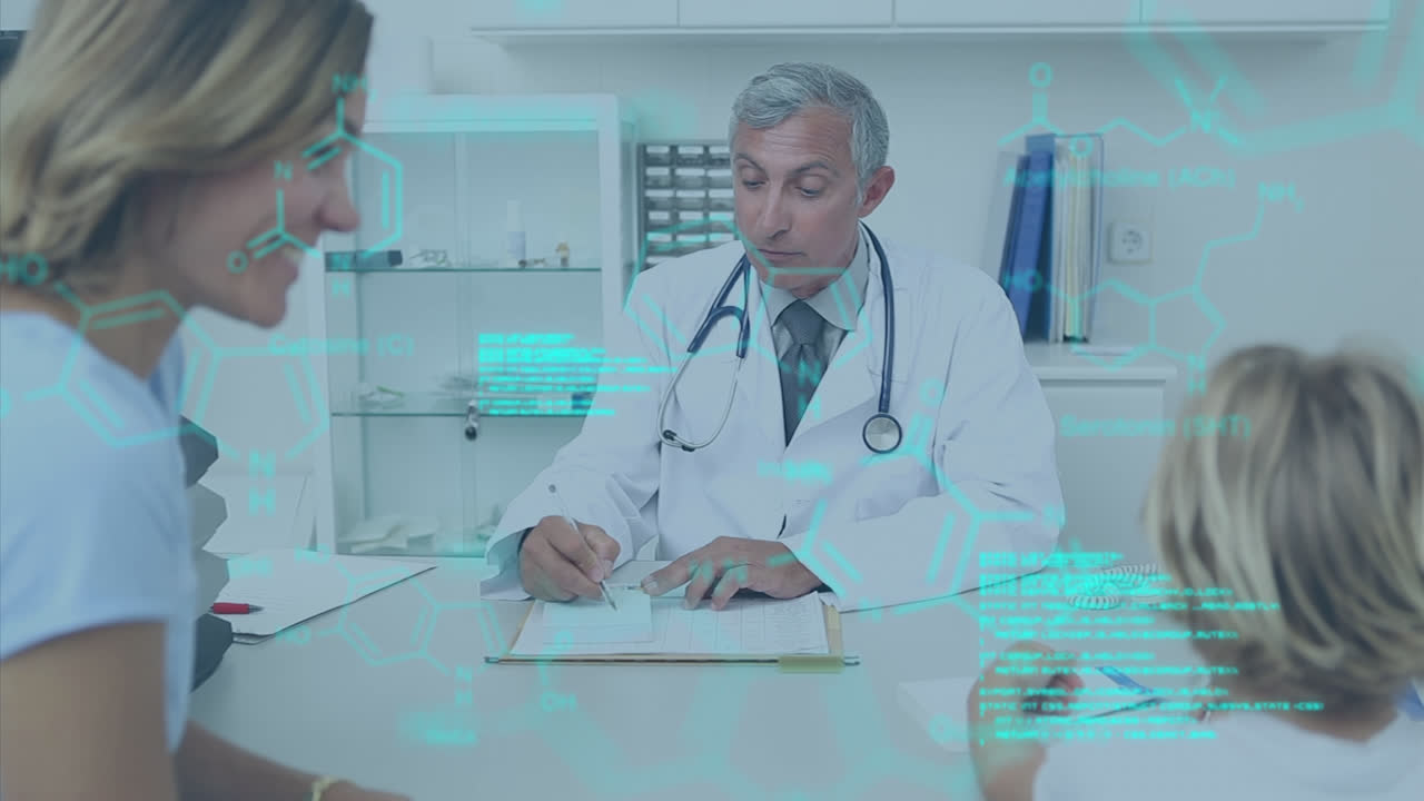 animación del procesamiento de datos científicos sobre un médico caucásico con pacientes