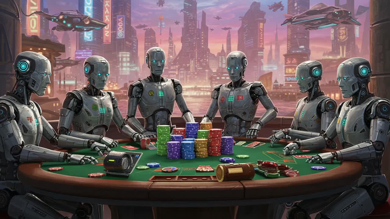 In a futuristic casino, a group of sophisticated robots engage in an intense poker game, surrounded by neon lights and advanced technology in a bustling cityscape