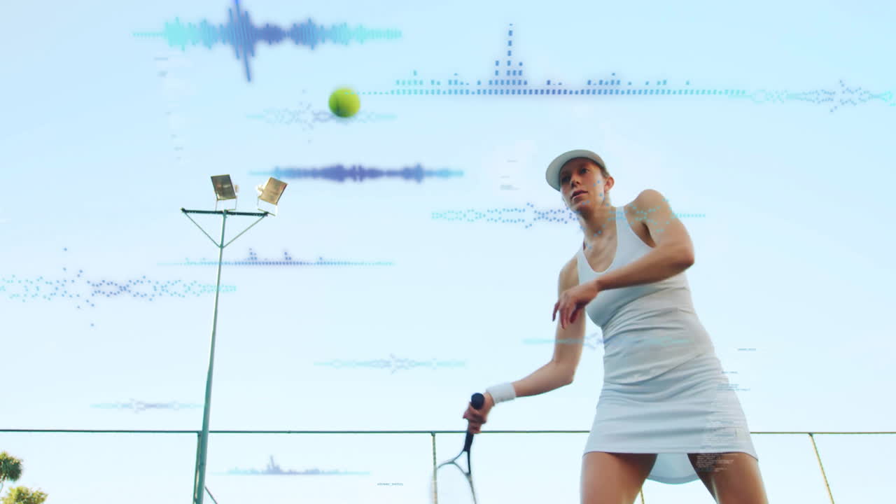 Tennis player swinging racket on outdoor court, showcasing sports technology via waveform overlays