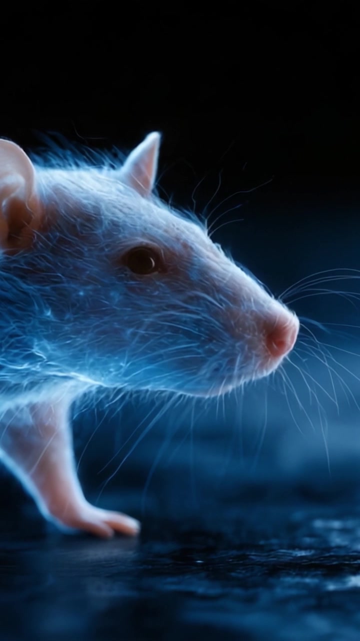 Un viaggio ipnotizzante di un topo: inquadrature ravvicinate accattivanti che evidenziano le complessità e la bellezza di un topo in movimento in mezzo a un'aura blu mistica