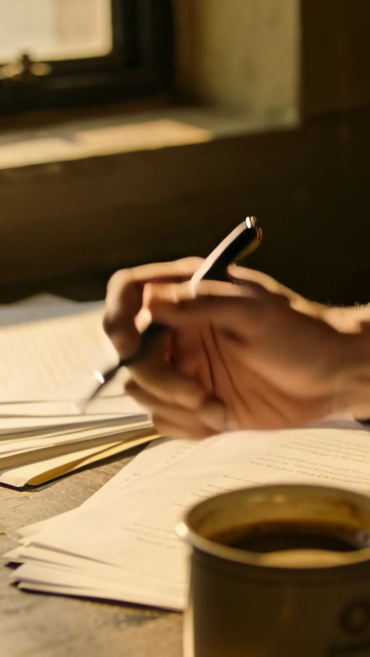 Vertical video: Pen rotating right hand reviewing pages at desk by window, coffee cup nearby