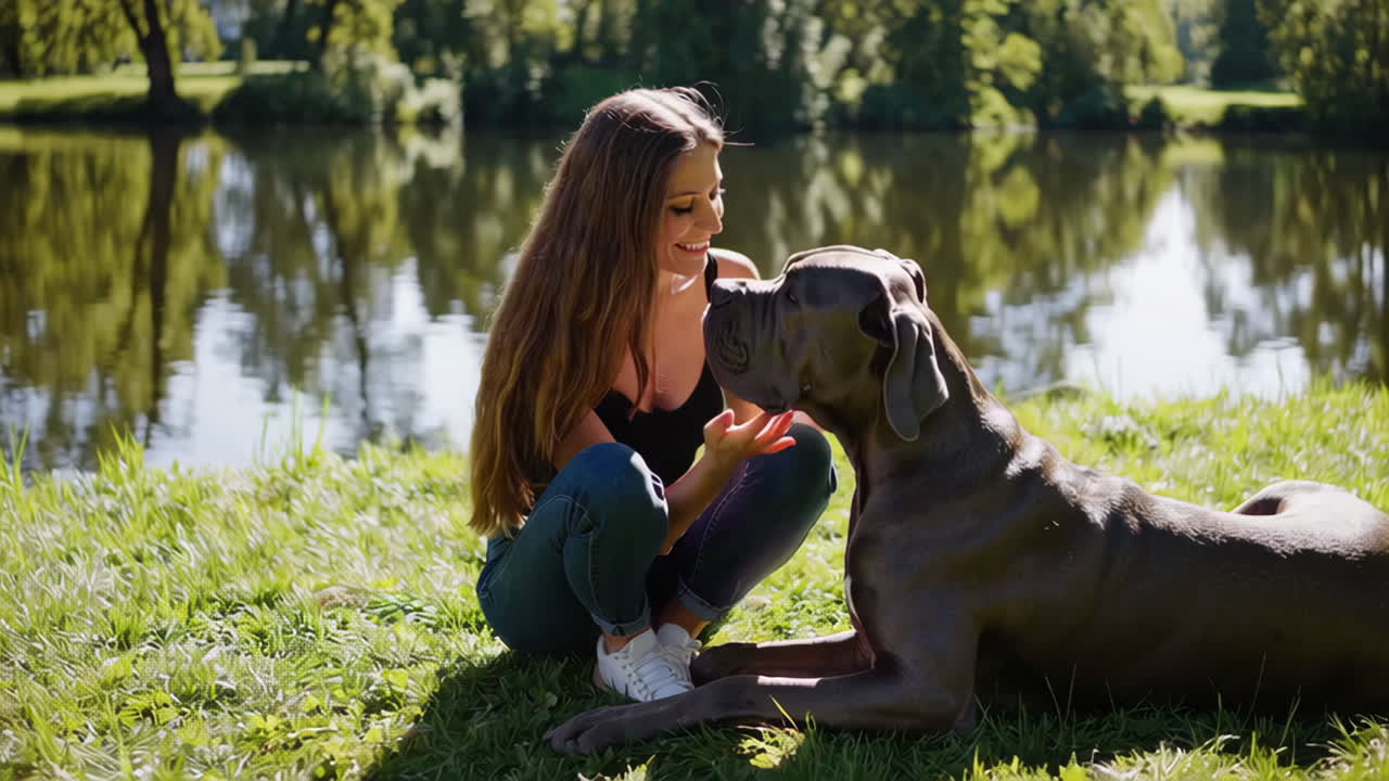 Woman bonding with her Great Dane by the lake