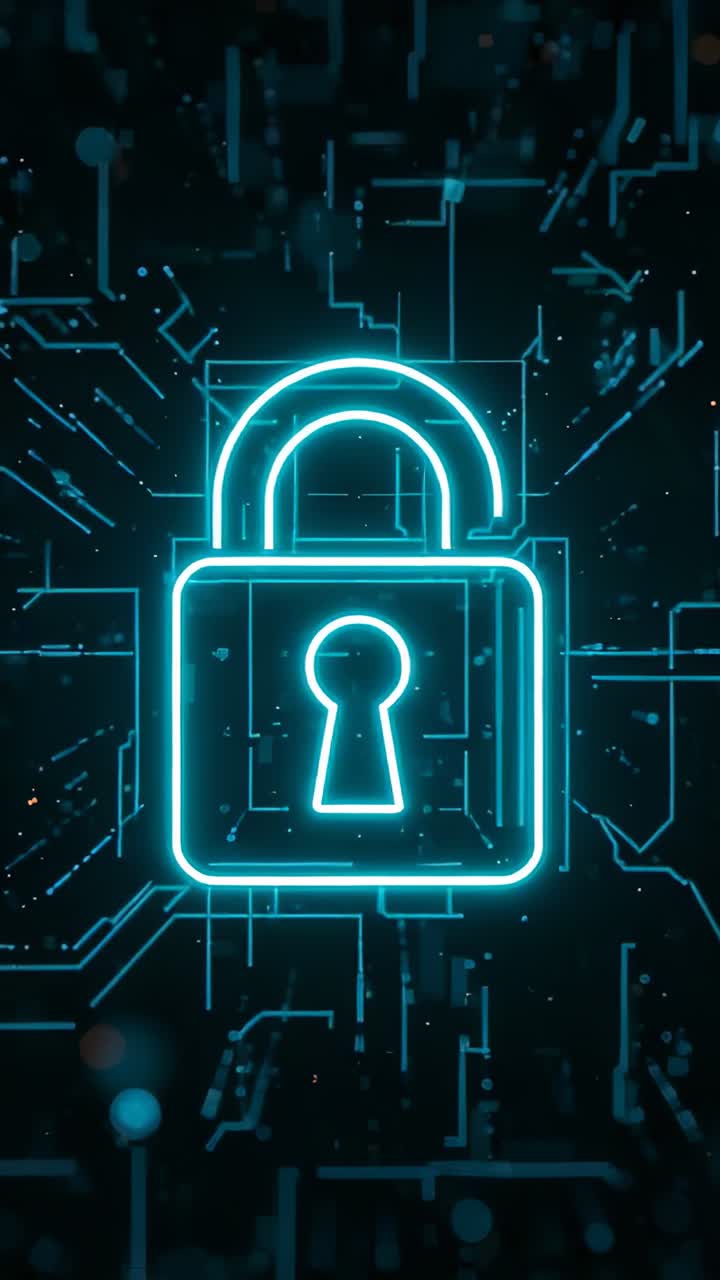 Vertical video: Neon cyan padlock lifting shackle in dark UI as motes drifting and traces pulsing
