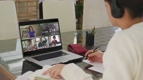 Animation-of-asian-boy-in-headphones-having-online-lessons-on-laptop-at-home