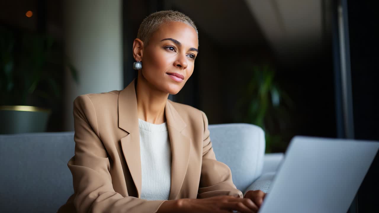 Focused Professional Woman Engaged in Work on Laptop While Sitting Cozy in Modern Office Environment, Showcasing a Confident and Composed Approach to Digital Tasks and Responsibilities