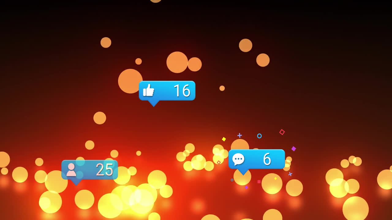 소셜 미디어 알림은 반이는 보케 조명 배경 위에 애니메이션을 나타니다.