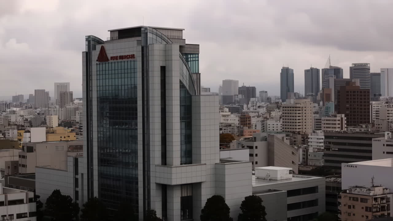 Cityscape with modern buildings under a cloudy sky