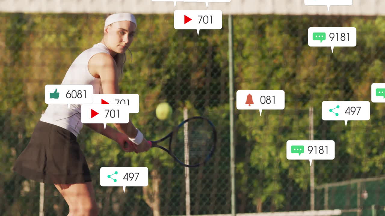 Female tennis player preparing backhand outdoors, showing animated marketing social media icons