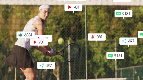 female tennis player preparing backhand outdoors, showing animated marketing social media icons