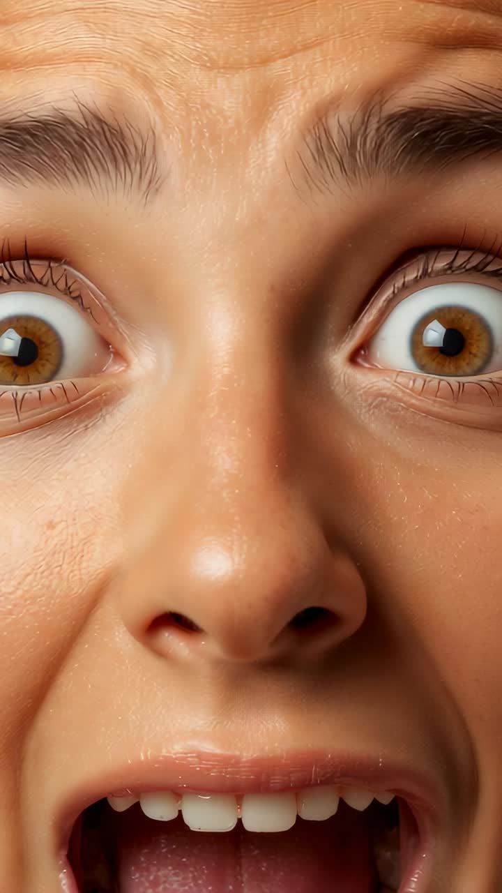 Vertical video: Reacting woman's face moving from surprise to frown in closeup after sudden cue