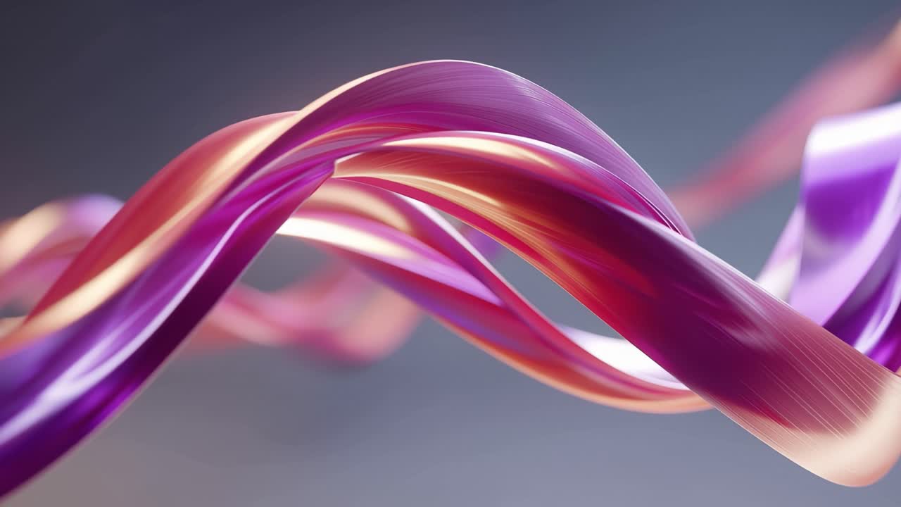 Nastri di velluto scorrono con un movimento elegante. Morbide sfumature passano dal magenta all'oro rosa. La superficie lucida riflette la luce ambientale con eleganza. Il movimento appare sereno, ma dinamico.
