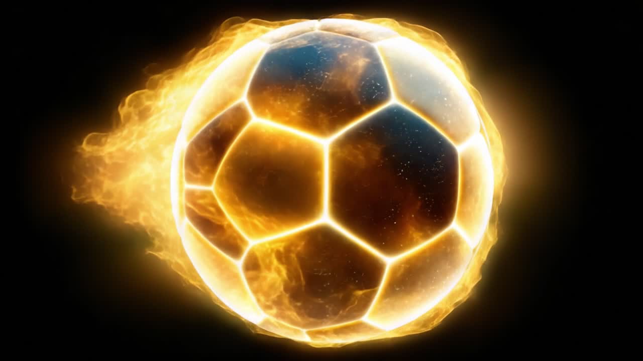 Wybuchowa energia ognistej piłki nożnej w ruchu, uchwycająca esencję sportu i pasji poprzez żywe płomienie i dynamiczny design.