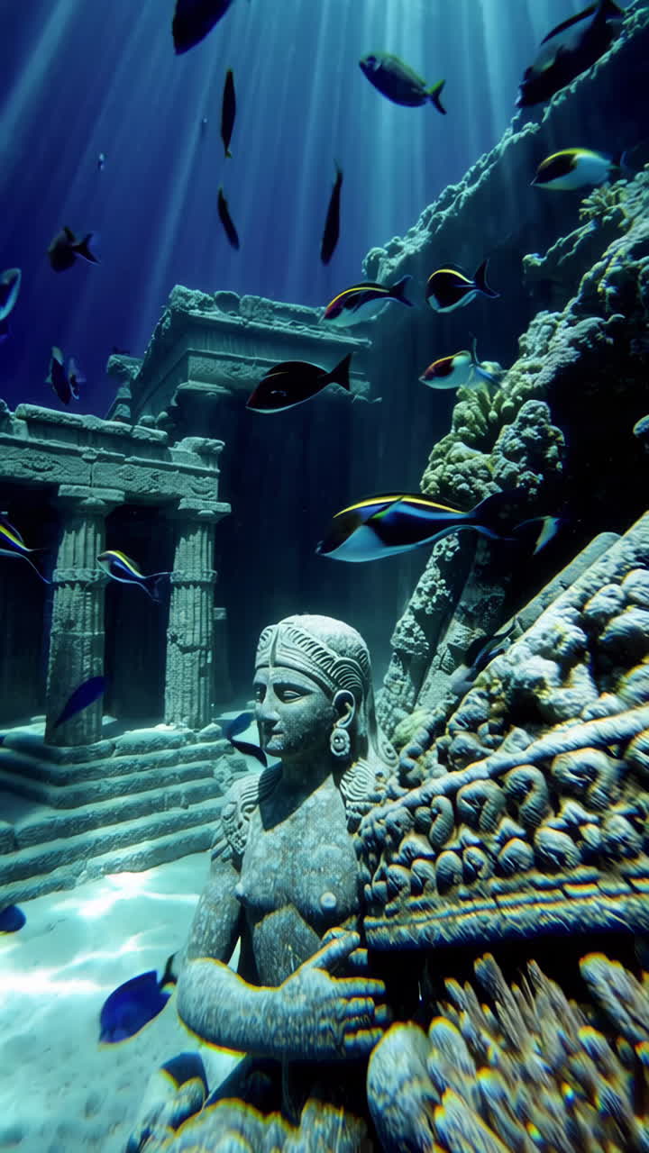 Sunlit Underwater Ruins with Fish